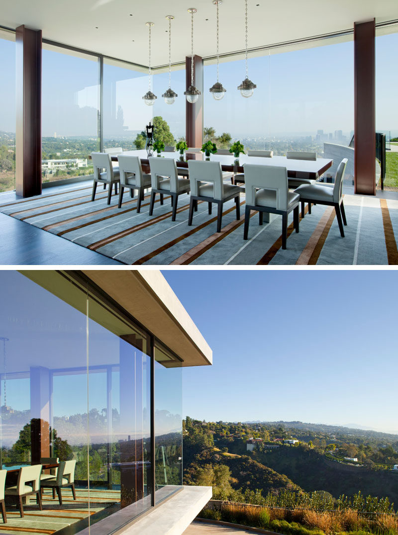 Dining Room Ideas - This modern cantilevered dining room with glass walls, pays homage to Pierre Koenig’s famous Stahl House. #DiningRoomIdeas #GlassWalls #ModernDiningRoom