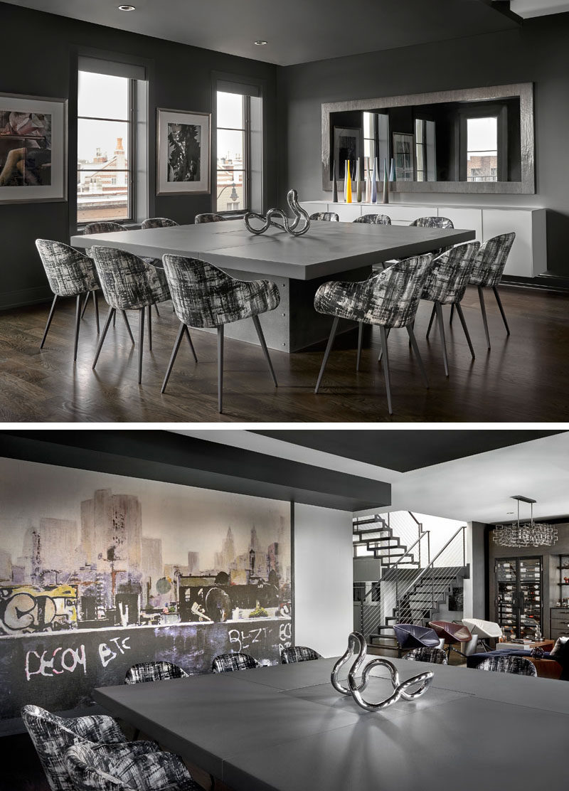 Dining Room Ideas - In this modern dining room, a 90x90” square concrete and zinc dining table commands attention, while the room is also accented with a wall mural by Casamance. #DiningRoom #ModernDiningRoom #SquareDiningTable #DiningRoomIdeas