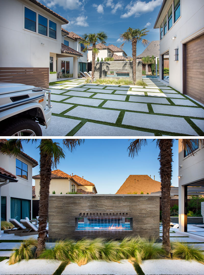 Driveway Ideas - This motor court entry is clad with Hartstone steppers and lined with synthetic turf joints. #Driveway #DrivewayDesign #DrivewayIdeas