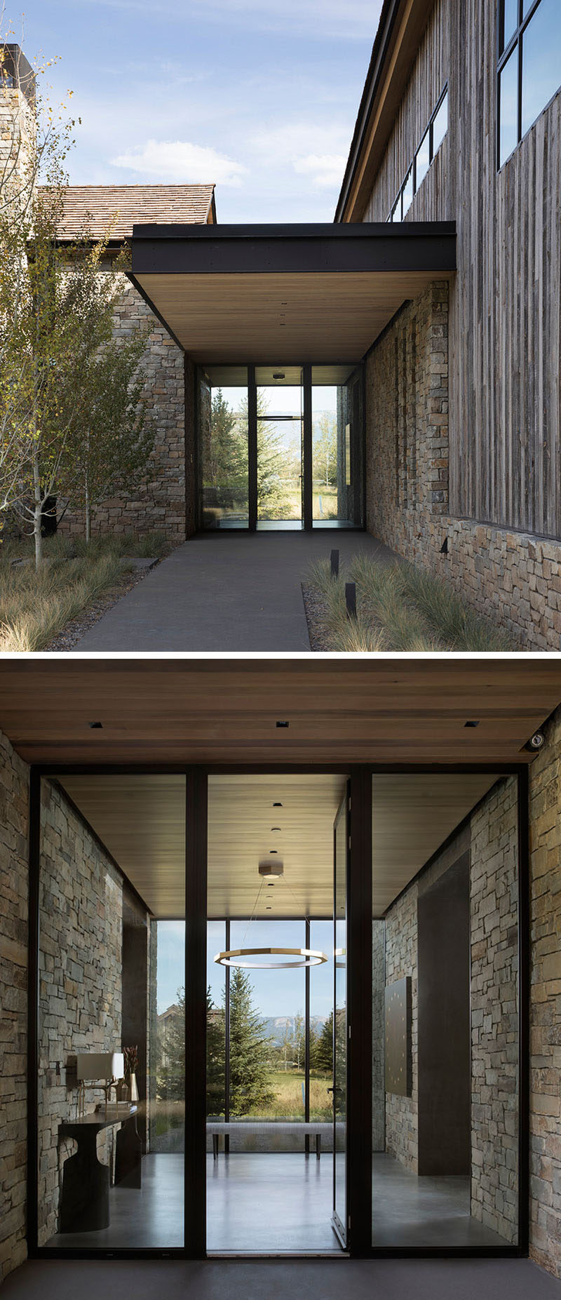 This modern house has a long, covered walk that leads to a single story, glass entry hall that frames views with floor-to-ceiling windows. #ModernHouse #ModernArchitecture #Walkway #Foyer