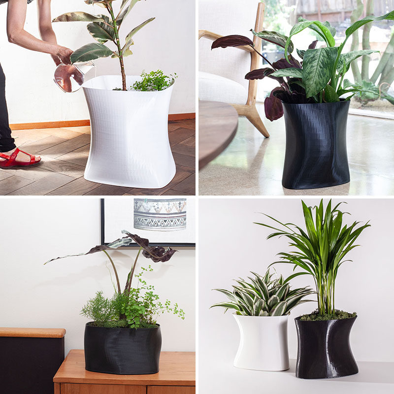 3D printed planters with a sculptural appearance in black and white.