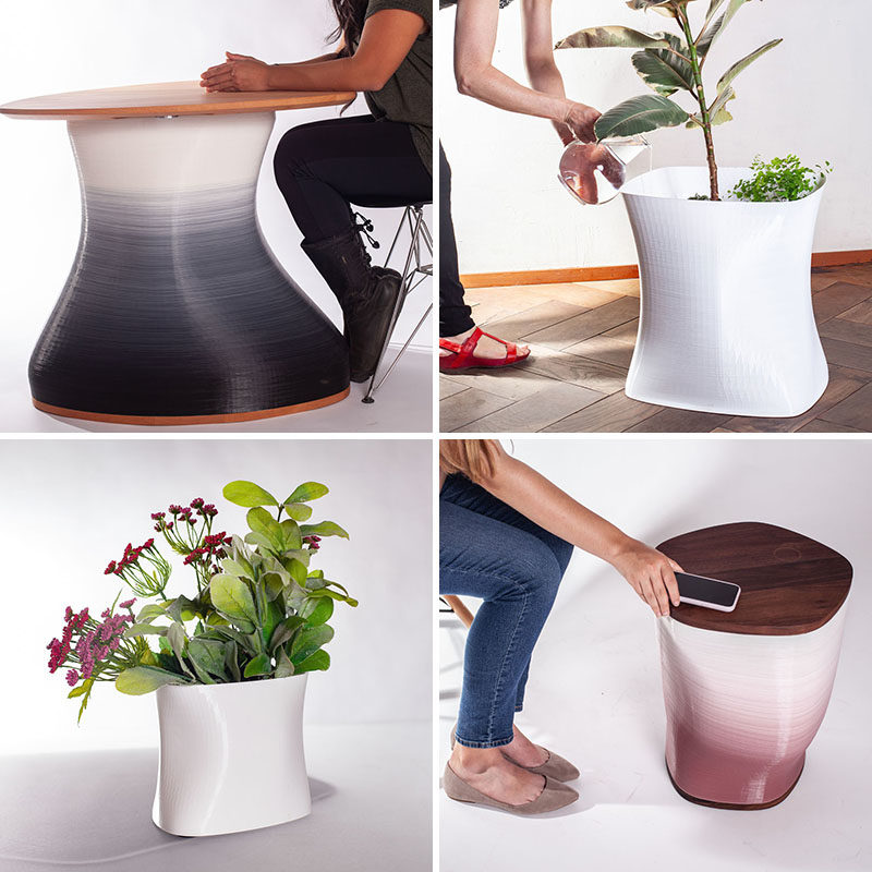 3D printed furniture that includes a tables, planters, and vases.