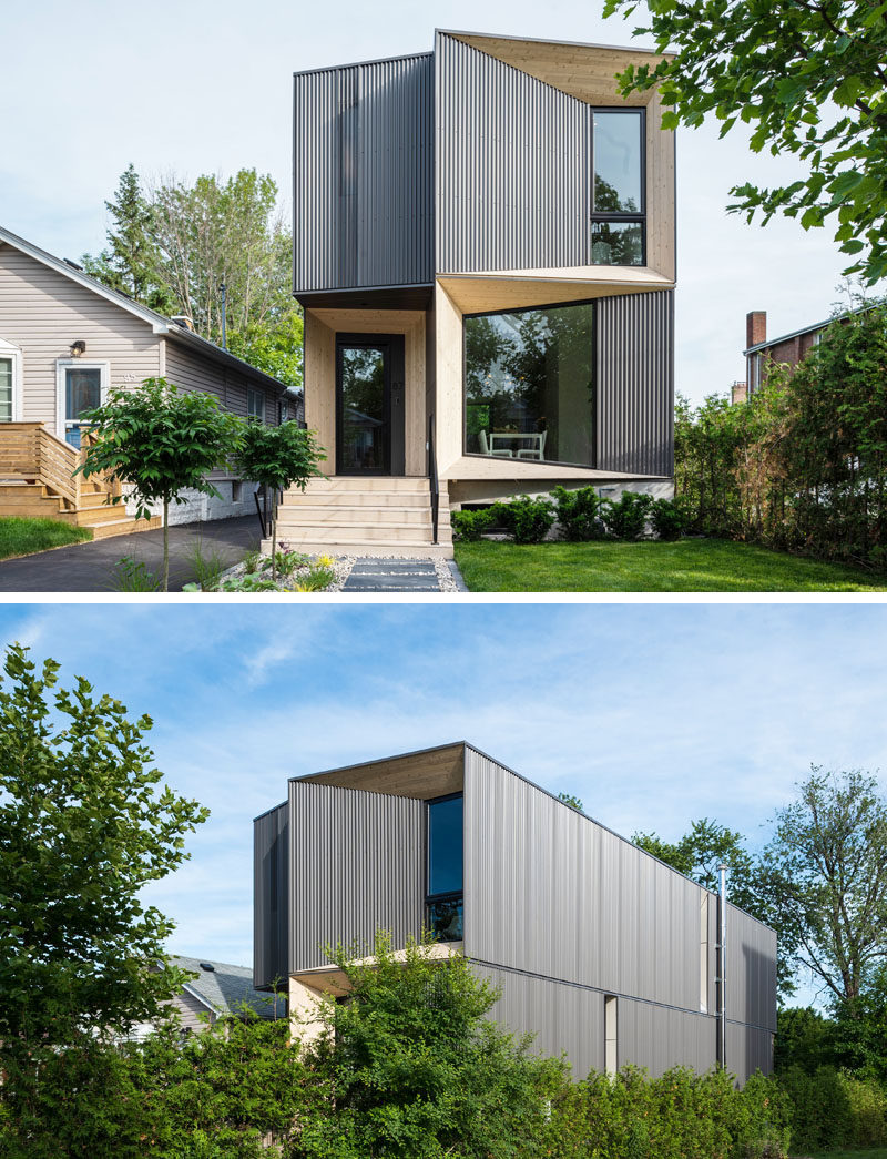 The angled portions of this modern house are highlighted by the use of wood, which directly contrasts the black window frames and the dark steel corrugated siding. #ModernArchitecture #HouseDesign #Windows #ModernHouse