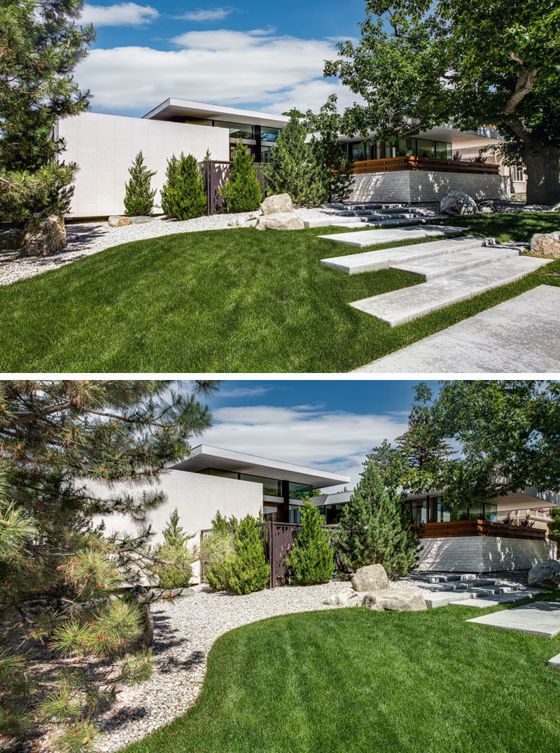 Landscaping at the front of this modern house highlights the path to the front door. #LandscapingIdeas #CurbAppeal #FrontGarden