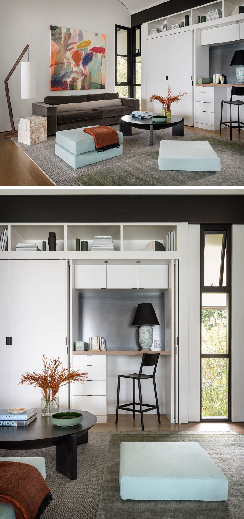 Living Room Ideas - This small living room has a custom-designed shelving unit with a desk hidden within a closet. #HiddenDesk #DeskInCloset #LivingRoomIdeas