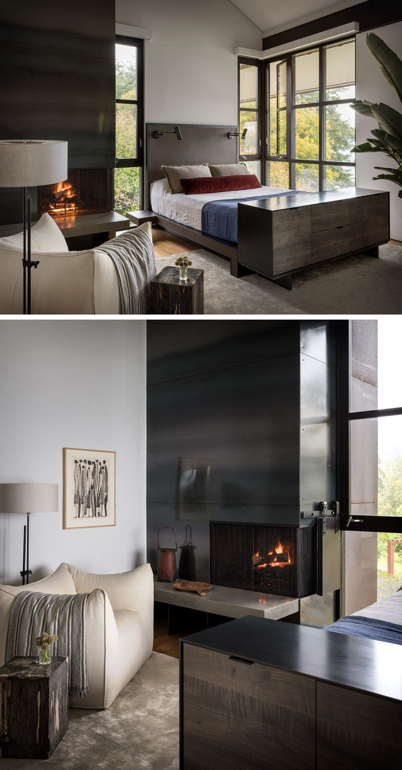 Bedroom Ideas - In this modern master bedroom, a custom leather and steel bed, designed by Geremia in collaboration with fabricator Tod Von Mertens, is complemented by a rolled steel and Thassos marble fireplace. #MasterBedroom #BedroomIdeas #Fireplace #SteelFireplace