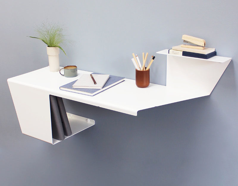 Home Office Ideas - Danish designer Anne Linde has created a sleek and modern wall desk that's folded from a single sheet of steel. #WallDesk #WallMountedDesk #HomeOffice #SmallSpaceIdeas