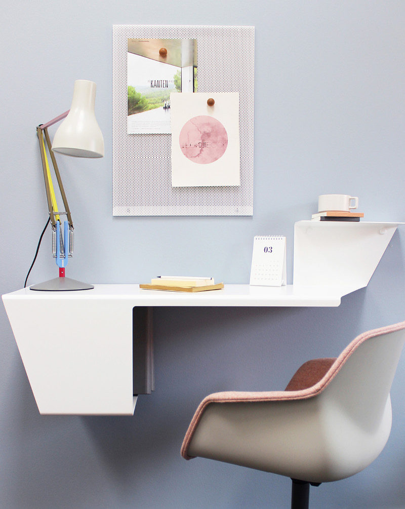 Home Office Ideas - Danish designer Anne Linde has created a sleek and modern wall desk that's folded from a single sheet of steel. #WallDesk #WallMountedDesk #HomeOffice #SmallSpaceIdeas