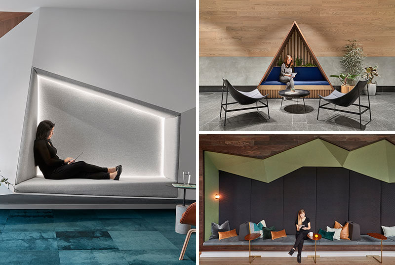 When Studio O+A were designing the Slack Headquarters in San Francisco, they came up with some fun and interesting seating ideas for the modern office, that take inspiration from mountains, glaciers, and camping. #OfficeDesign #Seating #SeatingNooks