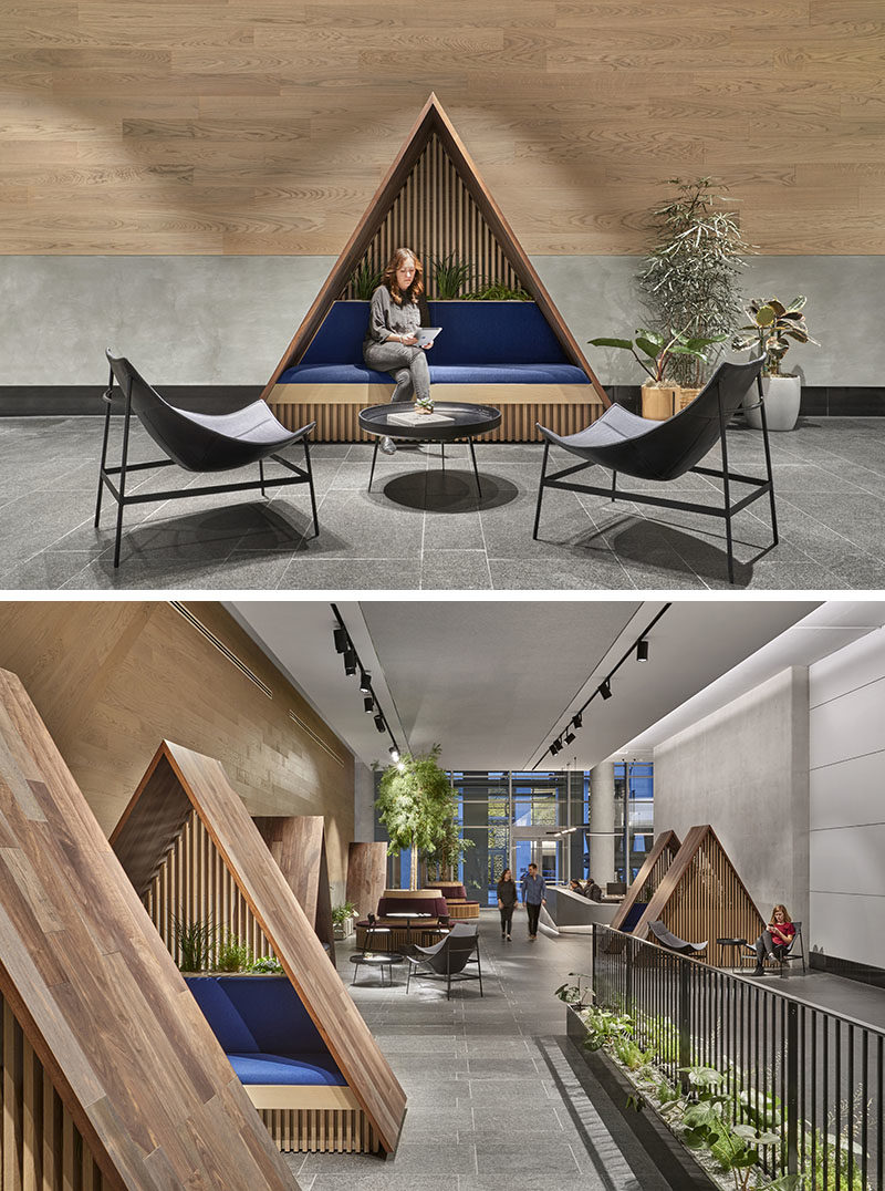 Seating Ideas - In this modern lobby, scattered tent-like wood structures with planters and upholstered seating, allow for short meetings or meditation. #ModernSeating #SeatingIdeas #OfficeFurniture #OfficeDesign