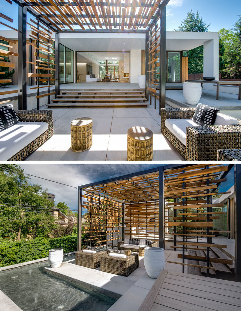 Landscaping Ideas - Surrounded by a shallow pool of water, this modern sunken terrace is highlighted by a Japanese Tea House, where the light dances throughout the IPE slats creating dramatic shadow play. #Landscaping #LandscapingIdeas #ModernPergola #Pergola