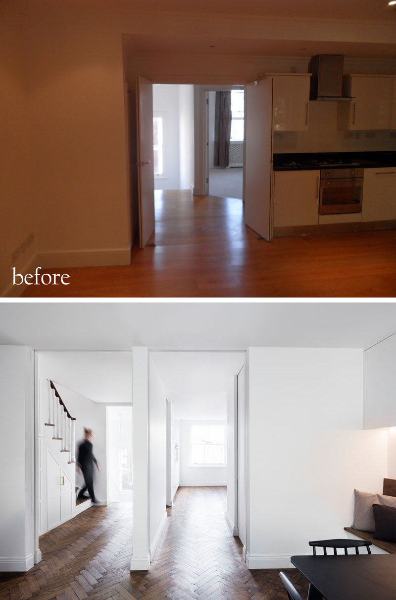 Flooring Ideas - Throughout this renovated house, herringbone oak timber flooring was specified as it would’ve been the original flooring. The designers distressed/damaged the floor and used ‘old English’ stain to give a 200 years old look. #FlooringIdeas #WoodFlooring #DarkFlooring