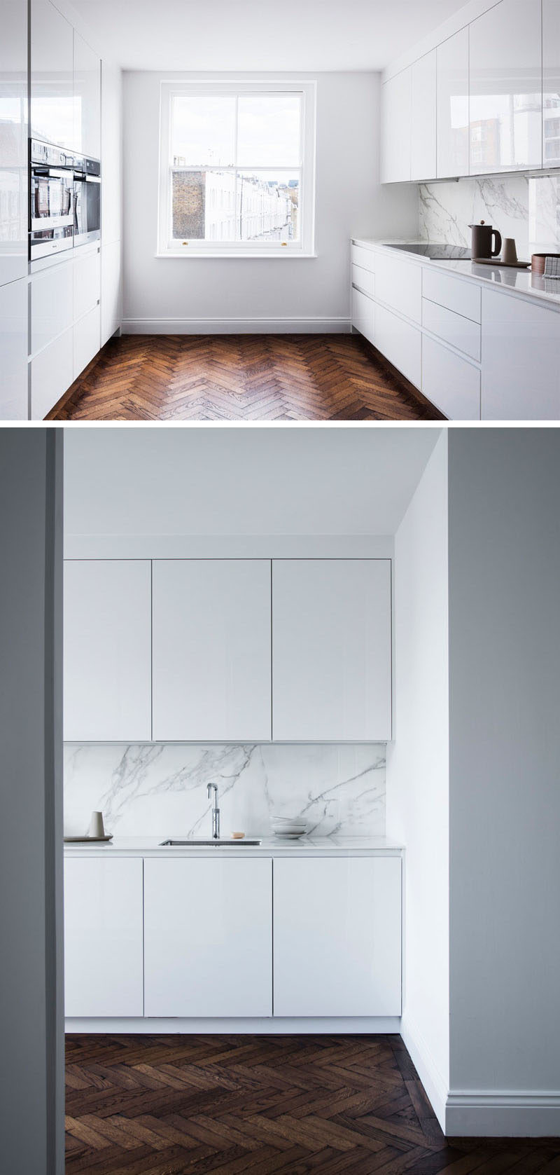 Flooring Ideas - Throughout this renovated house, herringbone oak timber flooring was specified as it would’ve been the original flooring. The designers distressed/damaged the floor and used ‘old English’ stain to give a 200 years old look.  The flooring also contrasts the bright walls and the glossy white minimalist cabinets in the kitchen.#FlooringIdeas #WoodFlooring #DarkFlooring #WhiteKitchen