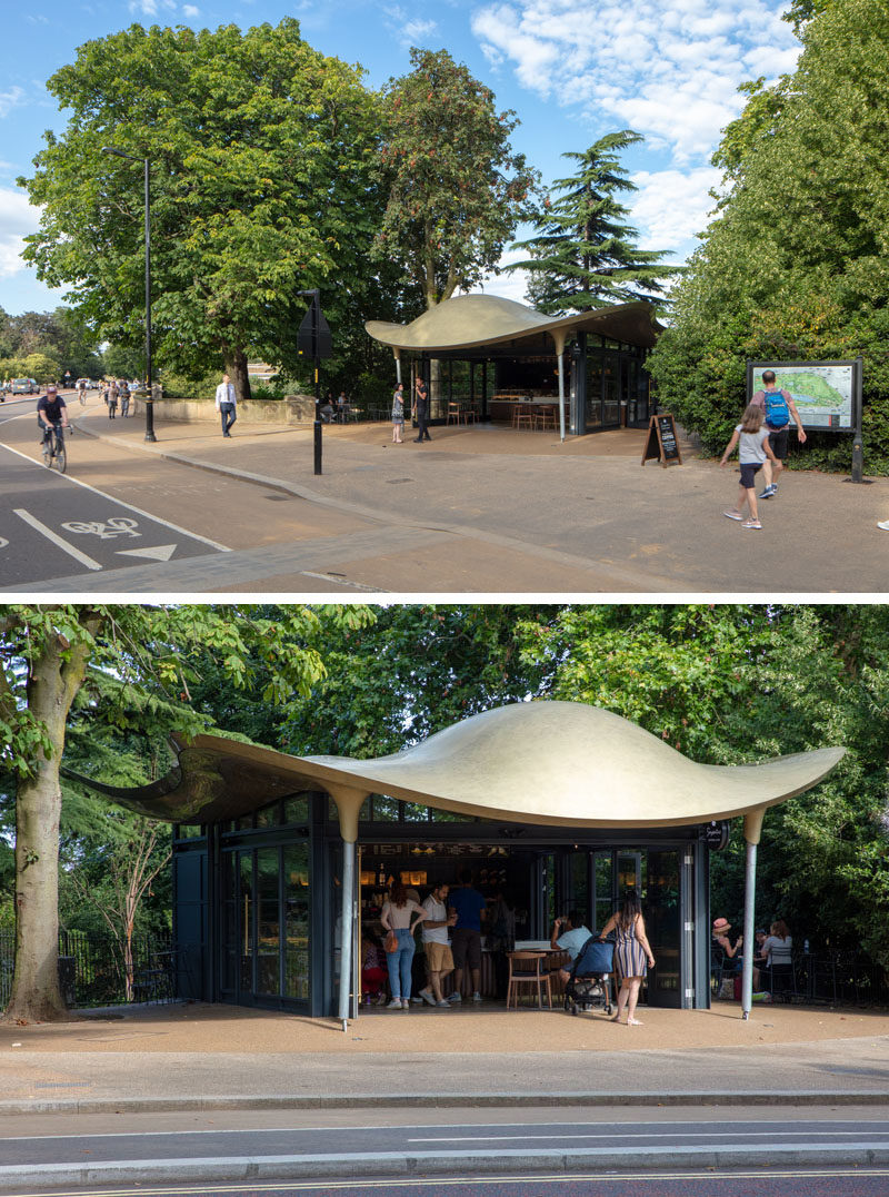 This modern coffee house has a design that echoes a stingray’s flight through water, and draws inspiration from Japanese teahouses. #ModernCoffeeHouse #CoffeeHouse #Architecture #Cafe #CoffeeShop #Sculptural