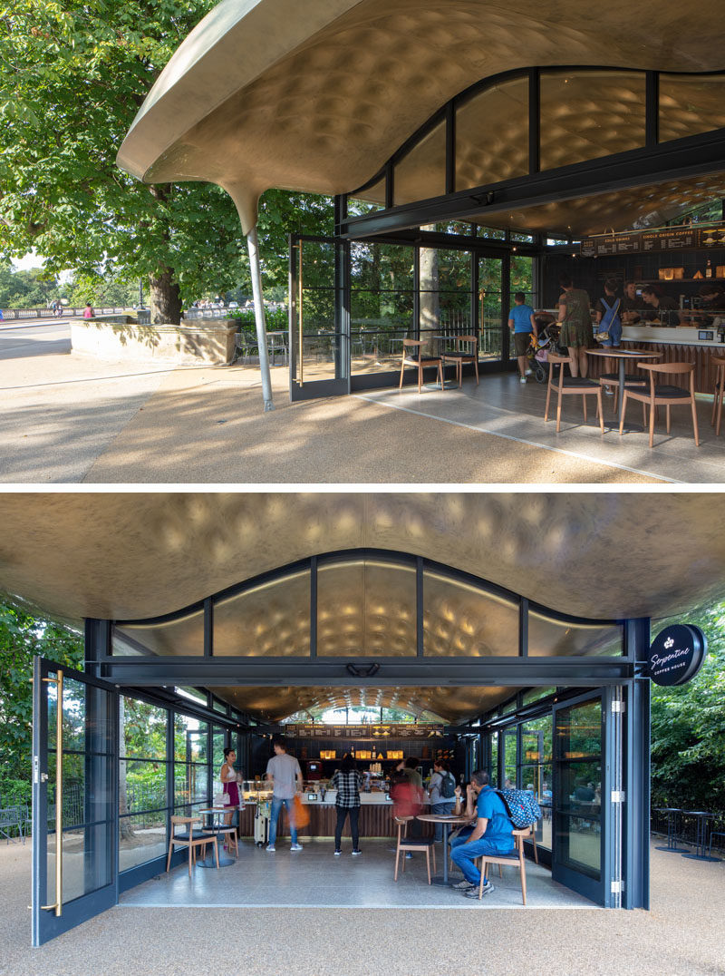 This modern coffee house has a design that echoes a stingray’s flight through water, and draws inspiration from Japanese teahouses. #ModernCoffeeHouse #CoffeeHouse #Architecture #Cafe #CoffeeShop #Sculptural