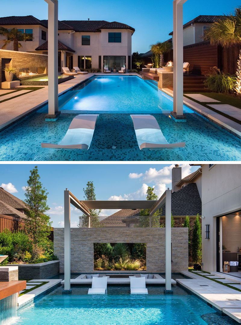 This modern and luxurious swimming pool has a spa with a fireplace, a sunken lounge with a firepit, a cantilevered deck, and floating stepper pads. #SwimmingPool #PoolDesign #LandscapingIdeas #PoolIdeas