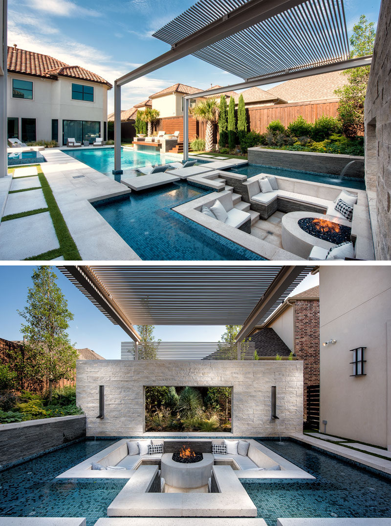 This modern and luxurious swimming pool has a spa with a fireplace, a sunken lounge with a firepit, a cantilevered deck, and floating stepper pads. #SwimmingPool #PoolDesign #LandscapingIdeas #PoolIdeas