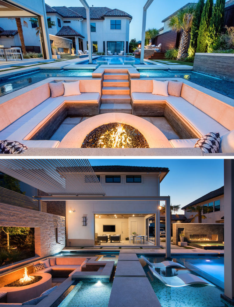A Sunken Lounge, A Cantilevered Deck, And A Spa With A Fireplace Help