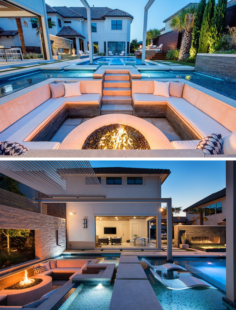 This modern and luxurious swimming pool has a spa with a fireplace, a sunken lounge with a firepit, a cantilevered deck, and floating stepper pads. #SwimmingPool #PoolDesign #LandscapingIdeas #PoolIdeas
