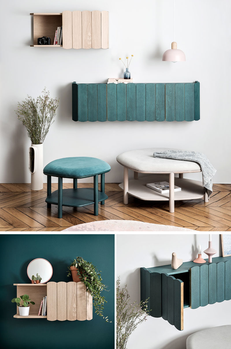 The design of this modern furniture collection, that includes a sideboard and floating cabinets, was inspired by small fences found around poppy fields. #FurnitureDesign #FurnitureIdeas #ModernFurniture #ModernDesign