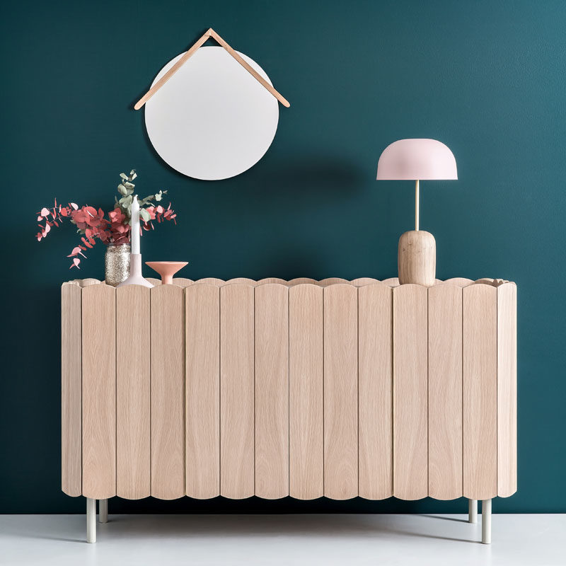 The design of this modern furniture collection, that includes a sideboard and floating cabinets, was inspired by small fences found around poppy fields. #FurnitureDesign #FurnitureIdeas #ModernFurniture #ModernDesign