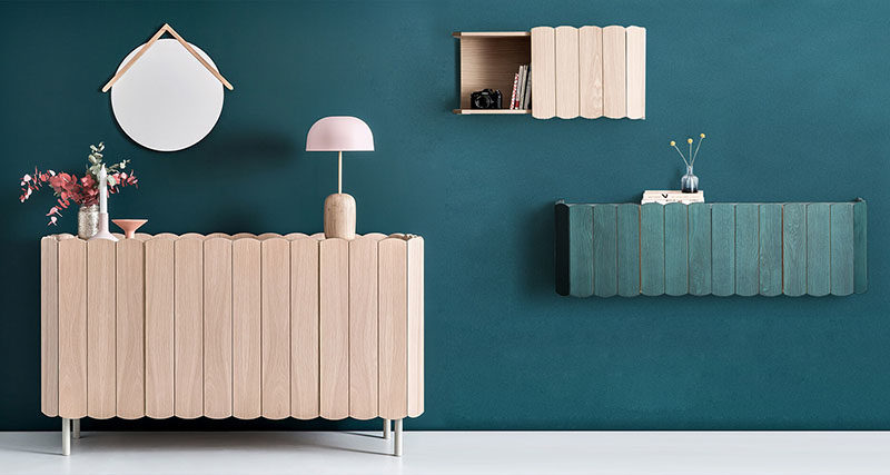 The design of this modern furniture collection, that includes a sideboard and floating cabinets, was inspired by small fences found around poppy fields. #FurnitureDesign #FurnitureIdeas #ModernFurniture #ModernDesign