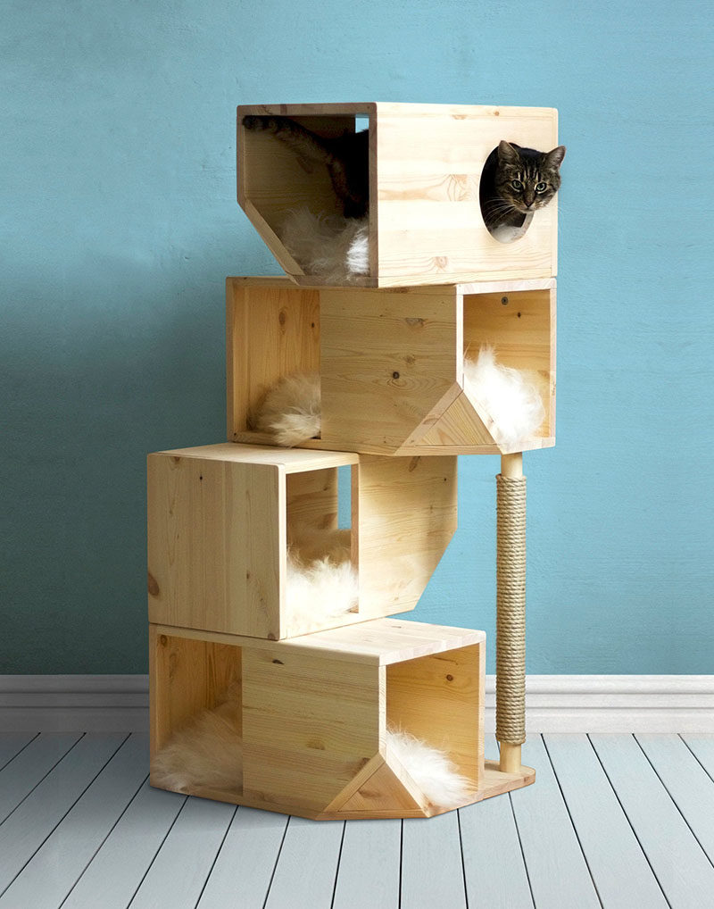 Ilshat Garipov of Catissa has designed a collection of modern cat beds and modular cat houses, that are made from pine wood and finished with sheepskin or faux fur. #ModernCatBed #ModernCatFurniture #ModernPetBed #ModularCatFurniture #CatBed #PetFurniture #CatTree