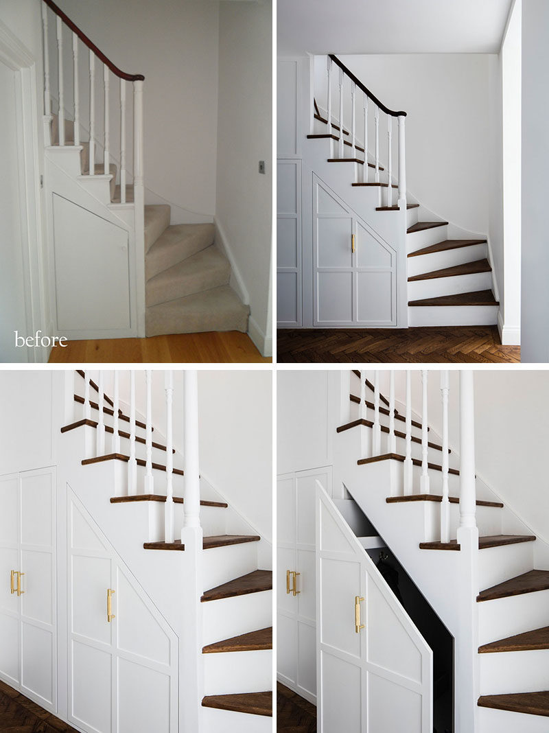 Stair Ideas - The original carpeted stairs were refinished, and the stair treads transformed with wood. Under the stairs, the pull-out cupboards have been extended, providing more storage. #Stairs #StairsWithStorage #StairDesign #StairIdeas