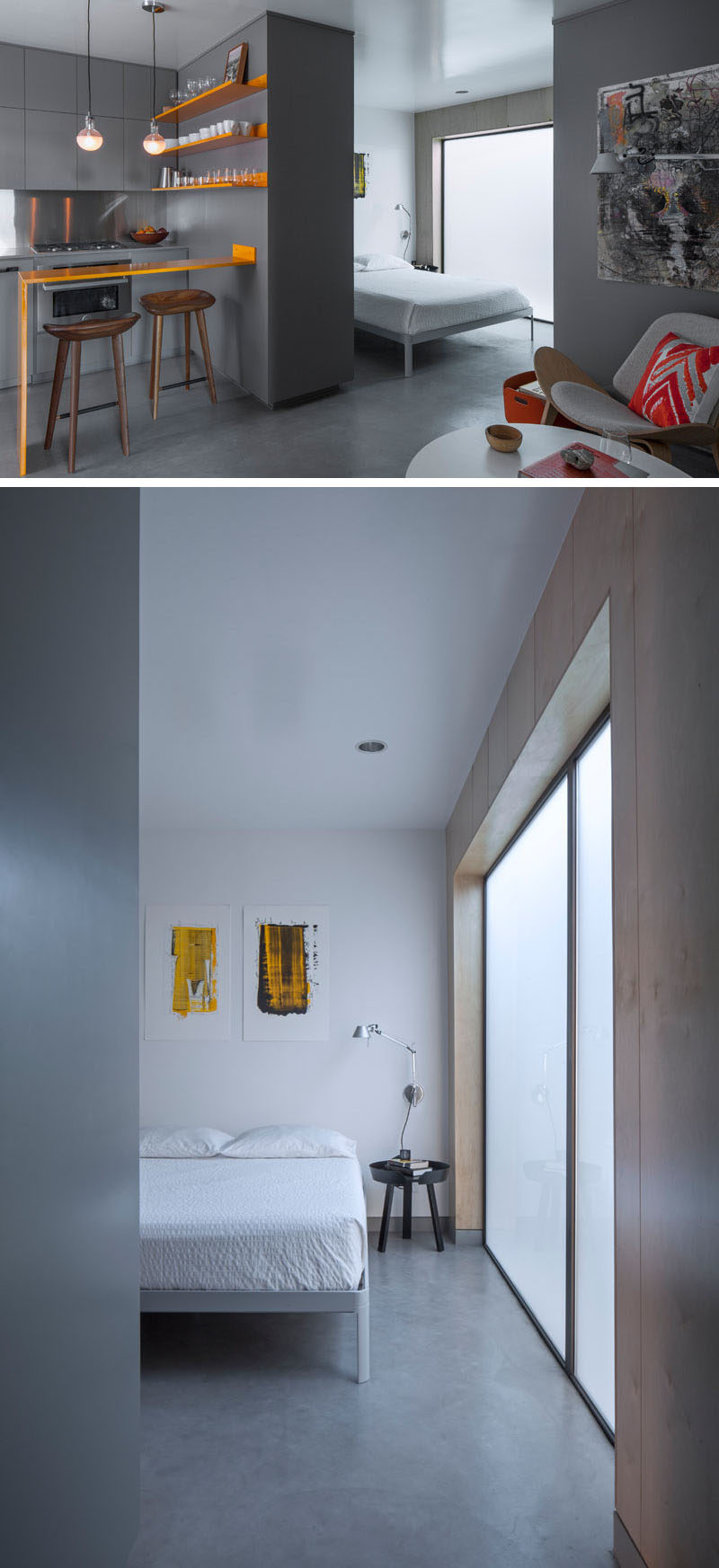 In this micro apartment, full height hidden storage delineates space and provides visual and acoustic privacy for the open bedroom. #InteriorDesign #MicroApartment #SmallInterior