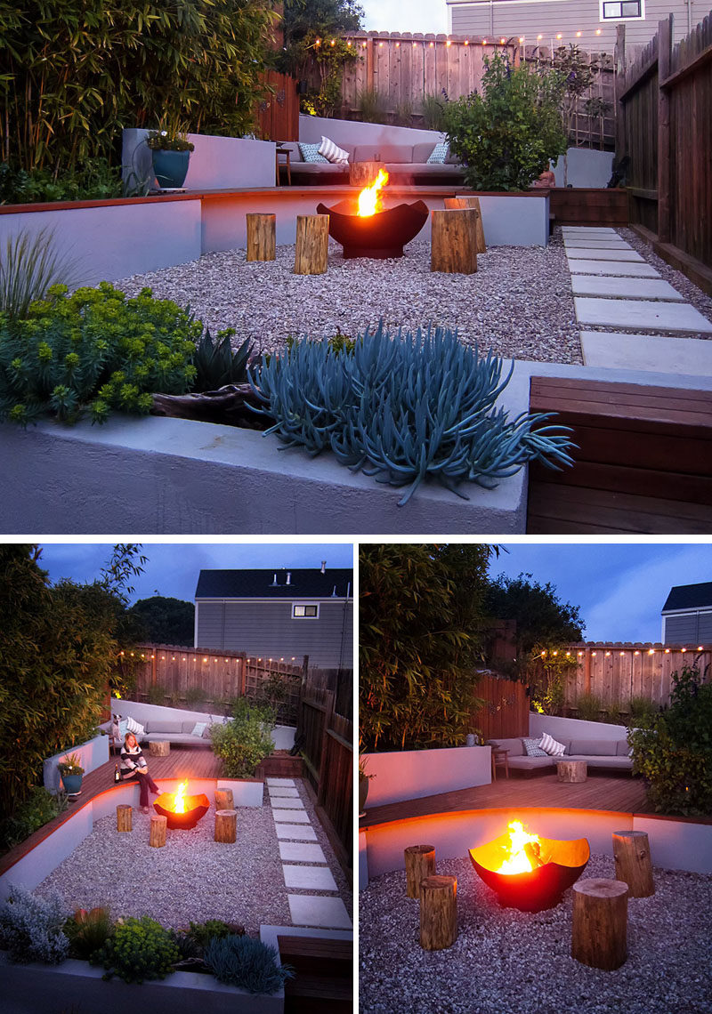 Landscaping Ideas - This modern landscaped backyard has a raised outdoor lounge deck, a wood burning firepit, succulents, bamboo, and a vegetable garden. #LandscapingIdeas #GardenIdeas #PlantIdeas #ModernYard #ModernBackyard #TieredYard