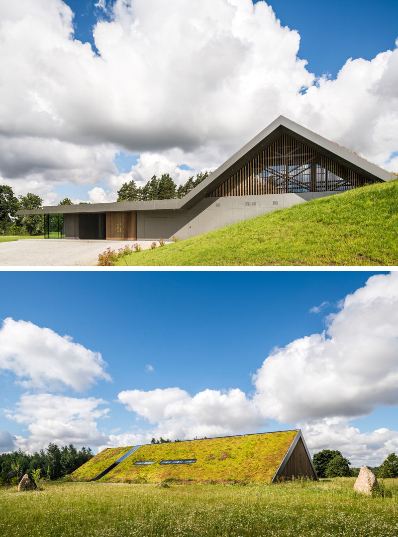 Architecture Ideas - This modern has been built into the hillside, integrating with the surrounding landscape, and creating a closeness to nature. #ArchitectureIdeas #GreenRoof #ModernHouse #ModernArchitecture #GlassWalls