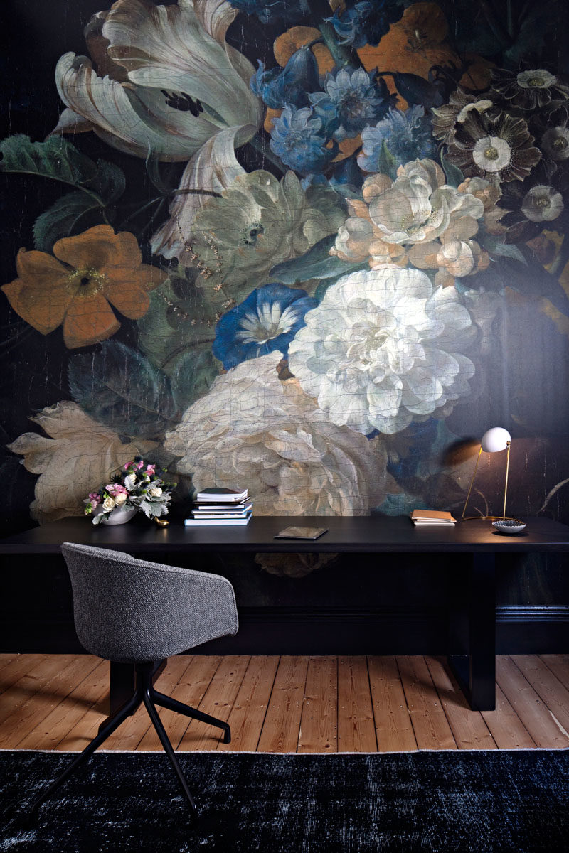 Home Office Ideas - This modern home office features a dramatic and bold floral accent wall. #FloralWall #HomeOfficeIdeas