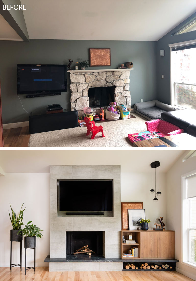 Before & After Living Room Renovation With A Recessed TV Above A
