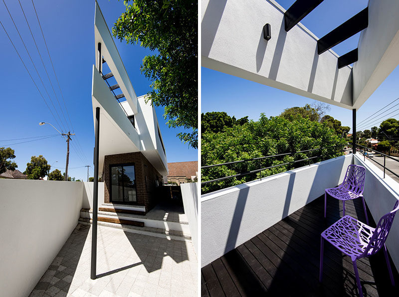 This modern balcony features a black stained timber deck with black stained beams overhead, and a custom steel detailed balustrade. #Balcony #ModernHouse #Architecture