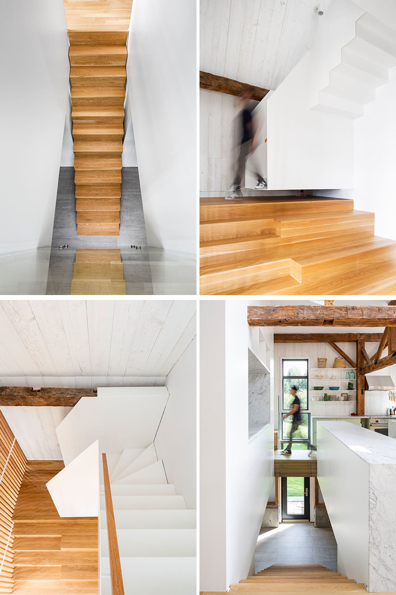 Stair Ideas - A light wood and white staircase connects the various levels of this modern barn. #StairIdeas #ModernStairs