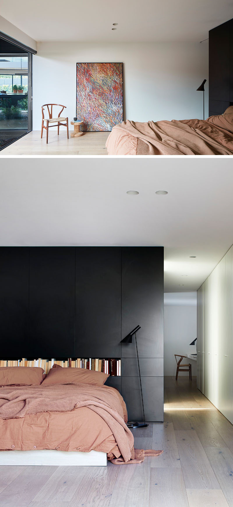 Bedroom Ideas - In this modern master bedroom, a black wall creates a bold backdrop for the bed, that also looks out to a small garden. #MasterBedroom #BedroomDesign #BlackAccentWall #BlackWall #BedroomIdeas