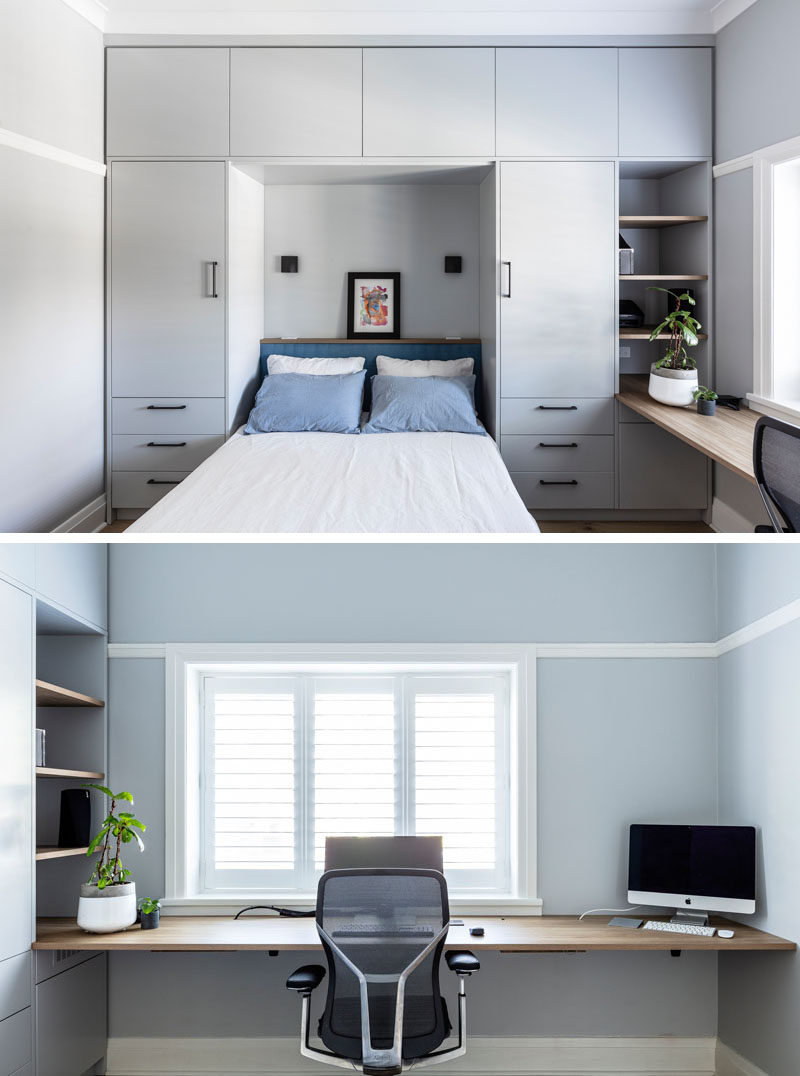 Bedroom Ideas - This modern bedroom has built-in cabinets and a desk that looks out to the front garden. #BedroomDesign #BedroomIdeas #ModernBedroom #Desk #HomeOffice