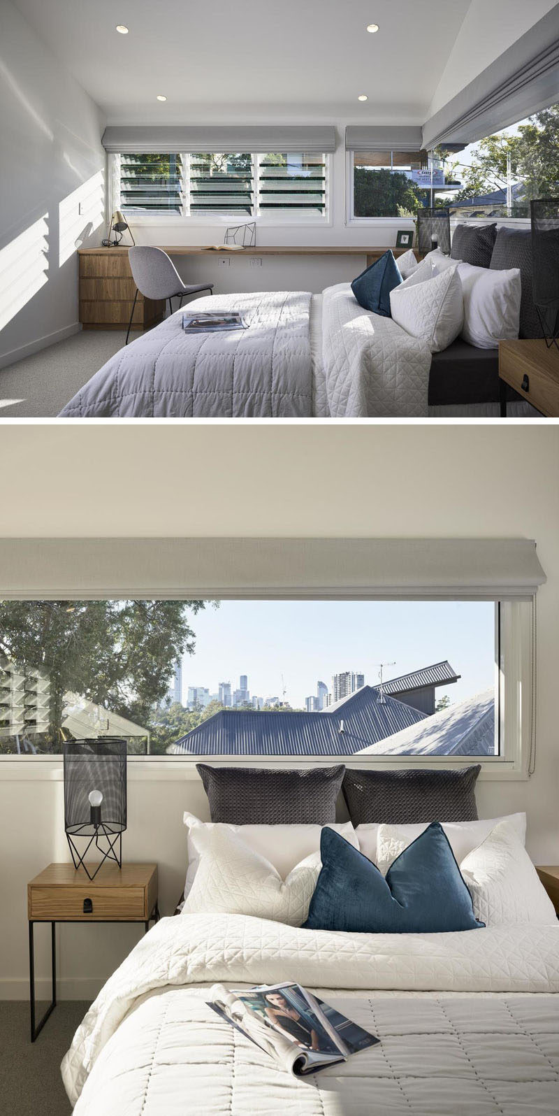 Bedrooom Ideas - In this modern bedroom, there's a desk that's located along one wall, while the windows wrap around the corner and provide city views. #BedroomIdeas #ModernBedroom #Desk #Windows