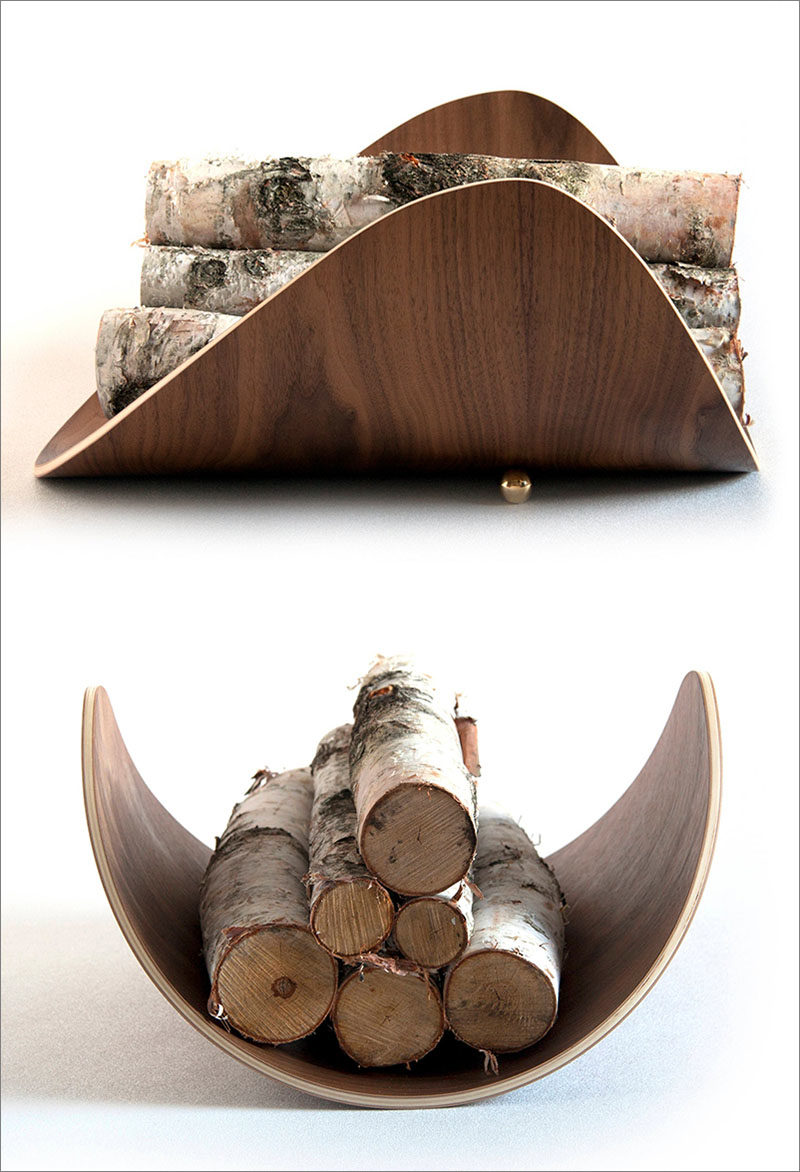 Firewood Storage Ideas - The Mission Firewood Holder was inspired by the design of the aspen leaf, and has a shape that cradles the firewood. #FirewoodStorage #FirewoodHolder #Design #ModernDecor #Fireplace #ModernWoodHolder