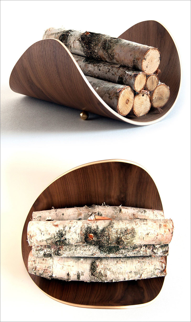 Firewood Storage Ideas - The Mission Firewood Holder was inspired by the design of the aspen leaf, and has a shape that cradles the firewood. #FirewoodStorage #FirewoodHolder #Design #ModernDecor #Fireplace #ModernWoodHolder