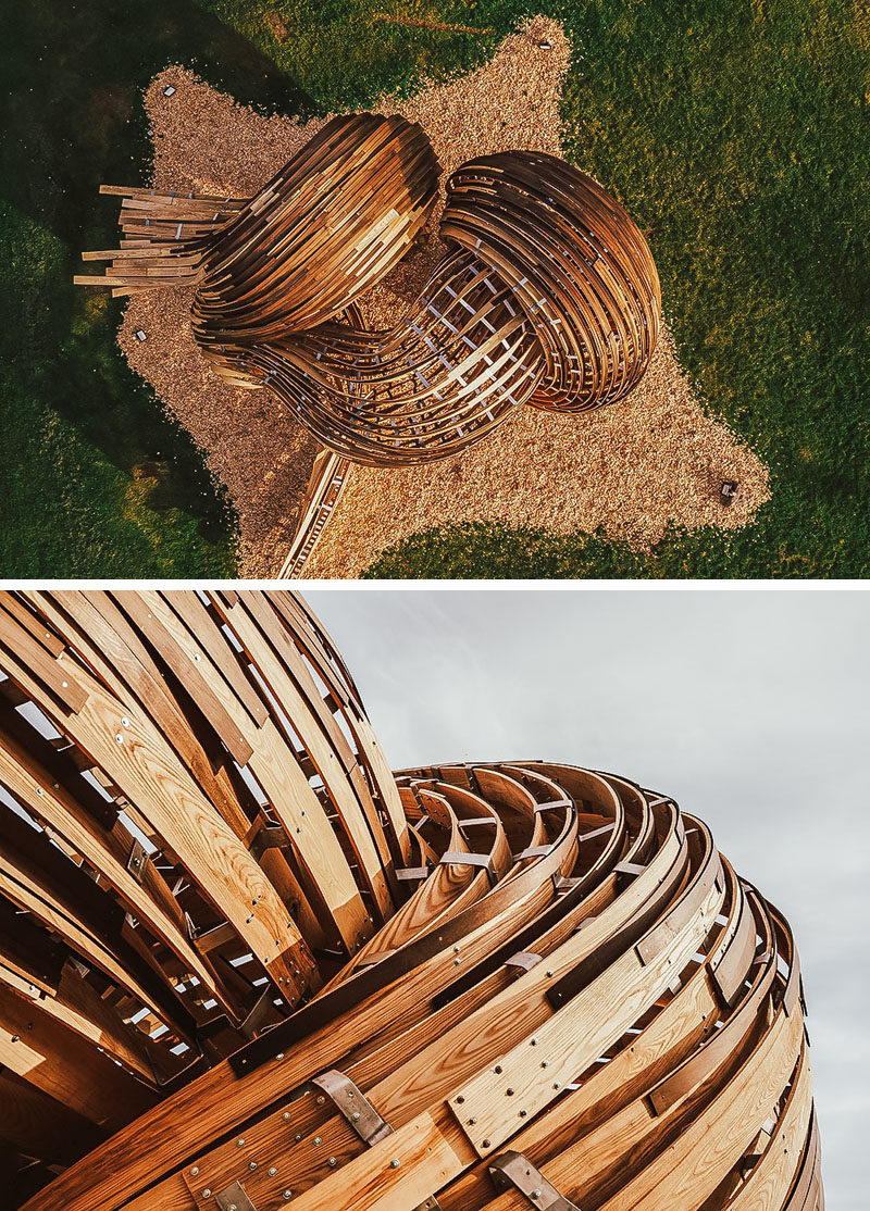 Sculpture Ideas - Using analogue tools augmented with the precision of mixed reality environments, the designers of this modern sculpture were able to create the curved shape that makes the wood appear as if it's flowing. #Sculpture #PublicArt