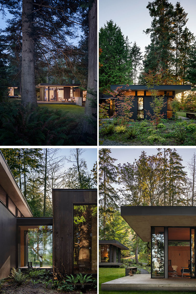 Rough sawn cedar siding and cement panel finishes on the exterior of these cabins will patina naturally over time until the cabin blends in with the colors of the forest. #ModernCabin #ModernArchitecture