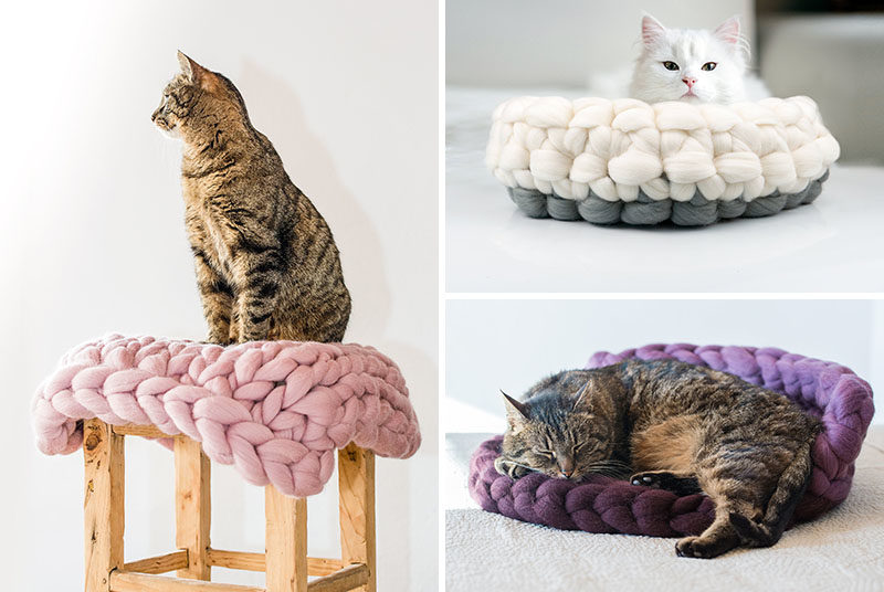 Cat Bed Ideas - These chunky knit cat beds are made from 100% natural wool, and feature modern colors. #ModernCatBed #CatBedIdeas #ModernPetBed #ChunkyKnit #KnittedCatBed #Kitten #Cat #Design