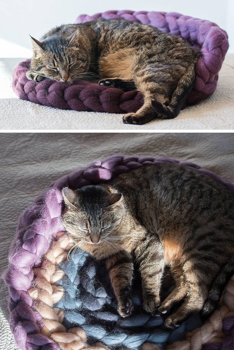 Cat Bed Ideas - This chunky knit cat bed is made from 100% natural wool, and features modern colors. #ModernCatBed #CatBedIdeas #ModernPetBed #ChunkyKnit #KnittedCatBed #Kitten #Cat #Design