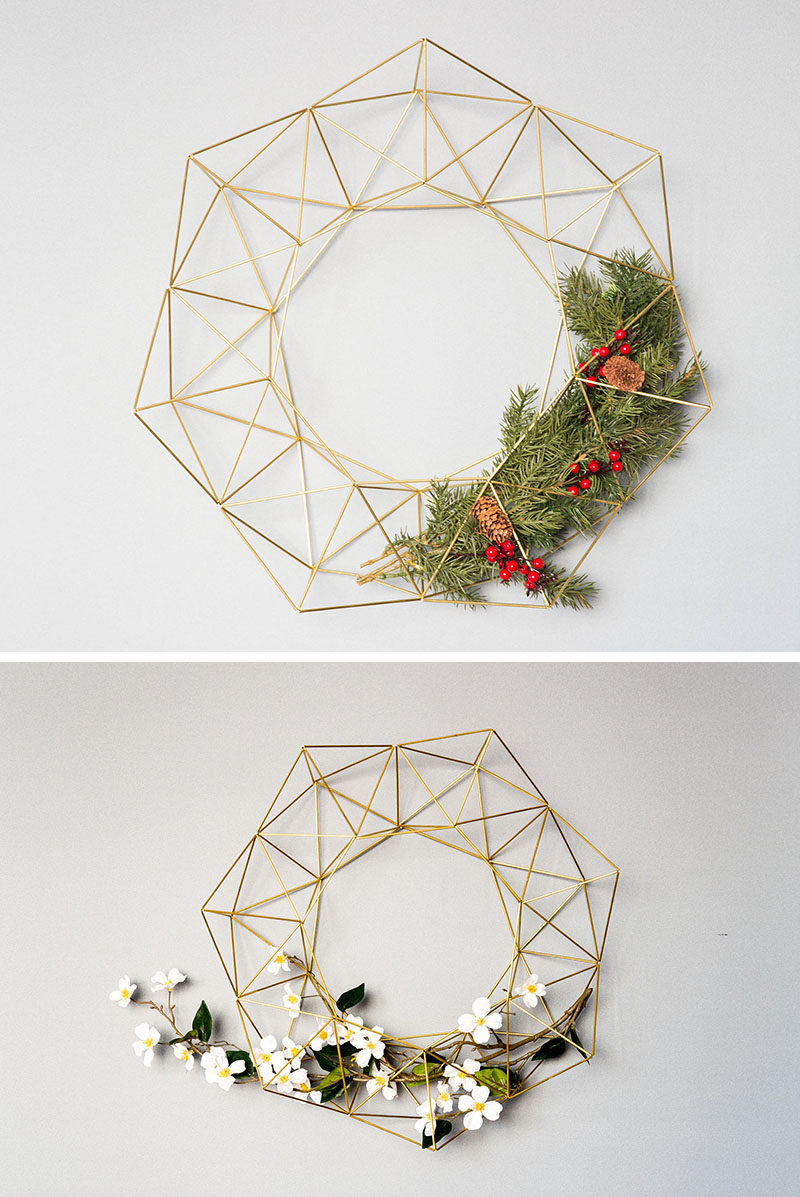 Decor Ideas - Lana Rouse of himmelilana, has designed a modern geometric wreath that can be easily changed up with the seasons or be used as an decorative item to showcase air plants. #DecorItems #ModernDecor #ModernWreath #GeometricDecor #AirPlantHolder