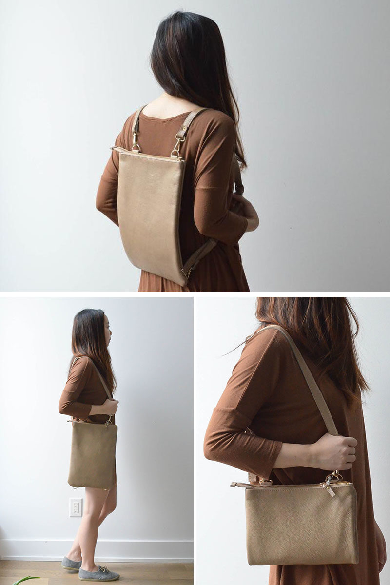 Style Idea - This buttery soft colored leather tote can be worn three ways, as a shoulder tote, a backpack, or a folded crossbody clutch. It includes 2 adjustable straps, an exterior pocket, fully lined interior, and zipper closure. #ModernBag #ModernBackpack #ModernStyle #ModernFashion #MinimalistBag #LeatherBag #LeatherBackpack