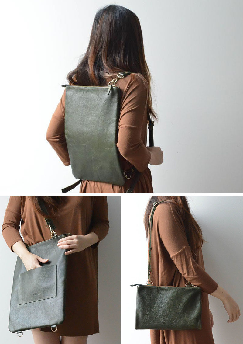Style Idea - This buttery soft colored leather tote can be worn three ways, as a shoulder tote, a backpack, or a folded crossbody clutch. It includes 2 adjustable straps, an exterior pocket, fully lined interior, and zipper closure. #ModernBag #ModernBackpack #ModernStyle #ModernFashion #MinimalistBag #LeatherBag #LeatherBackpack