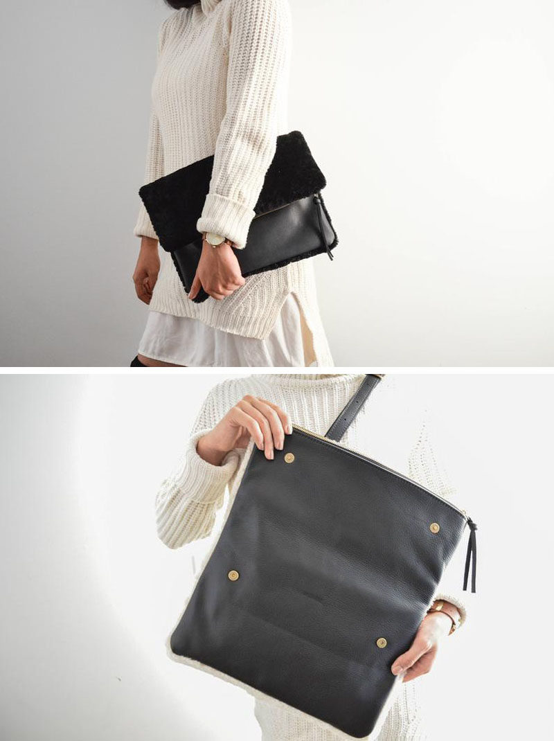 Style Ideas - The Shearling Clutch has a minimalist design that's fully lined, includes a detachable adjustable crossbody strap, an interior pocket, and a hidden back pocket, while the interior is lined in a luxurious satin. #MinimalistClutch #MinimalistBag #ModernClutch #ModernStyle #ModernFashion #LeatherBag #LeatherClutch