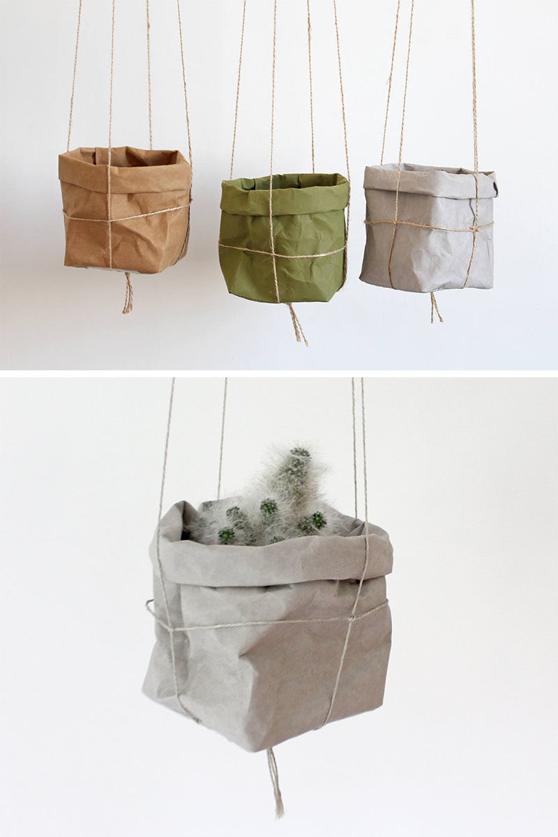 Decor Ideas - Mairita Jonikane of the WarmGreyCompany has designed a collection of modern hanging planters, that look like paper bags and are made from a natural cellulose fibre. #HangingPlanters #Planters #HomeDecor #ModernDecor #Decor Ideas #Plants