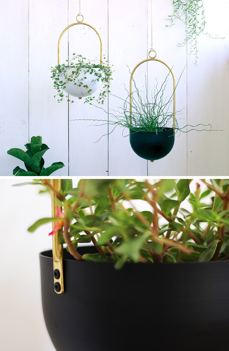 Decor Ideas - Tel Aviv based designer Yuval Tzur has created a modern hanging planter with a simple curved shape, and a matching brass wall hanger.  The planters are made from hand spun aluminum, that are then powder coated to create a durable finish suitable for both indoor and outdoor use. #HomeDecor #Planter #HangingPlanter #ModernPlanter #DecorIdeas
